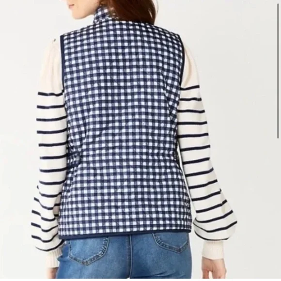 Draper James RSVP Womens Reversible Quilted Checkered Vest Navy White, Sz. M. - Picture 2 of 6